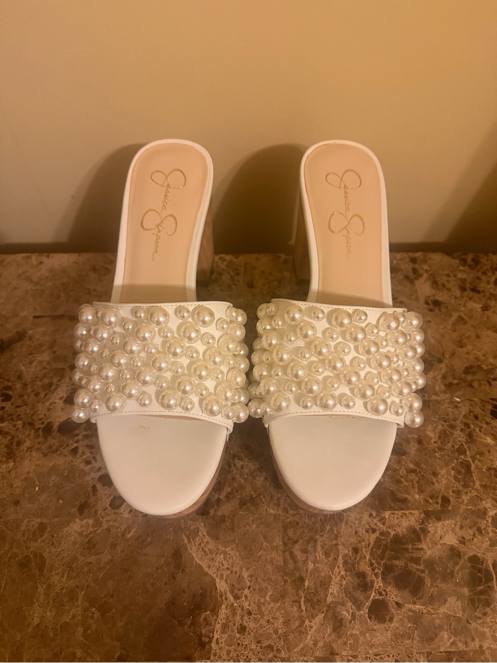 Jessica Simpson Pearl-Embellished White Platform Slide Mules